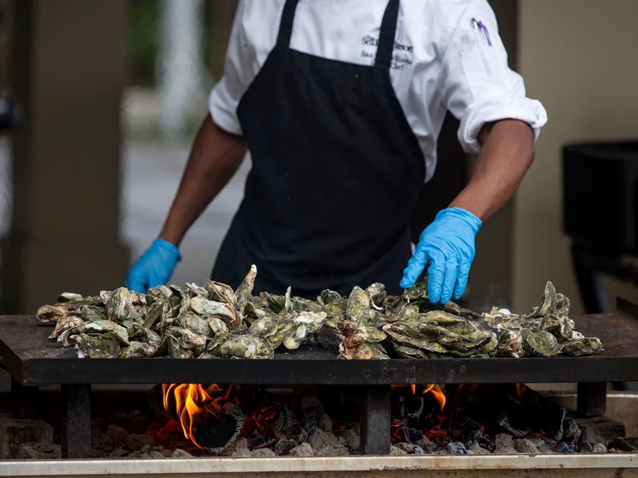 Chef prepares a bed of oysters