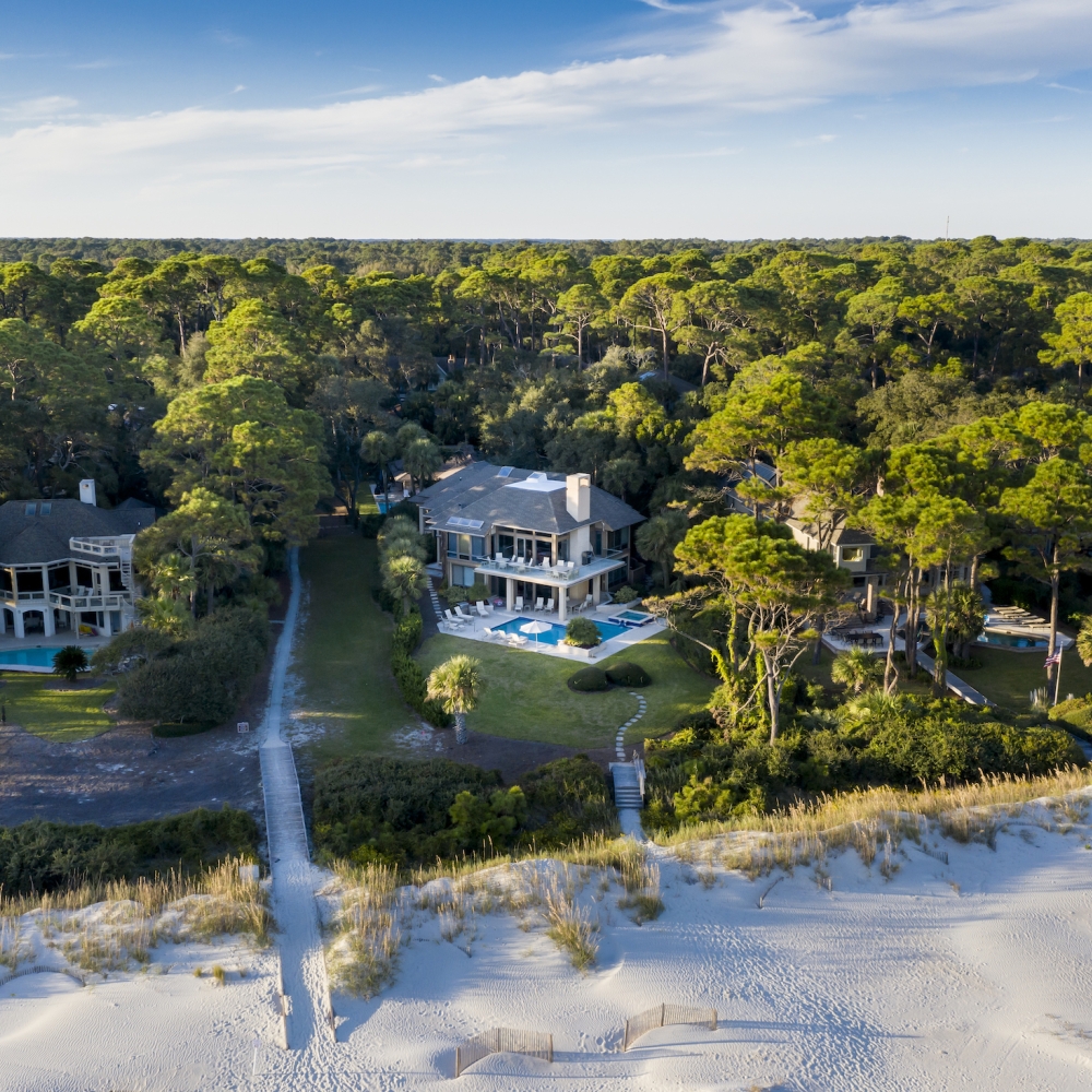 Ariel image of a Sea Pines Villa and beach 
